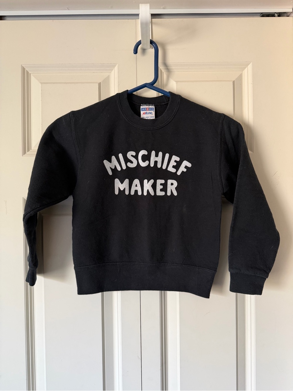 Jerzees Black Crewneck Sweatshirt with White "Mischief Maker" Text